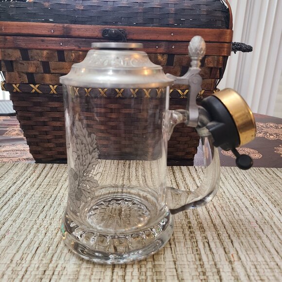 Etched Glass Beer Stein Engraved Pewter Lid Bicycle Warning Bell - Picture 1 of 8